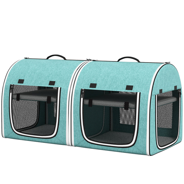 39" Portable Double Pet Carrier with Divider – Two Compartment Soft Cat & Dog Travel Bag – Foldable Green Carrier with Plush Cushions & Storage