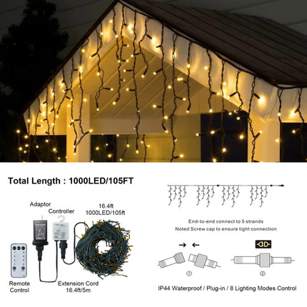 32-Meter Professional Icicle Lights – 1000 LED Warm White Fairy Lights – Extra Long Waterfall Lights for Roof, Eave & Outdoor Holiday Decor