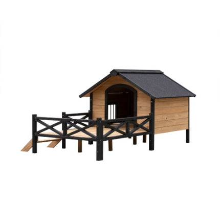 Luxury Cabin-Style Wooden Dog House with Front Porch – Large Outdoor Pet Kennel with Raised Floor & Weatherproof Roof – Rustic Garden Sanctuary