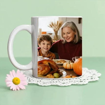 Glossy ceramic mug displaying a personalized photograph