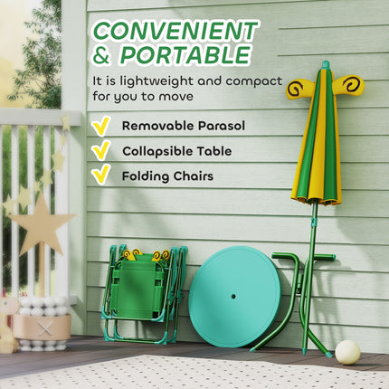 Kids Picnic Table & Chair Set with Adjustable Umbrella – Portable Outdoor Activity Table – 4-Piece Set for Garden, Beach & Camping (Green)