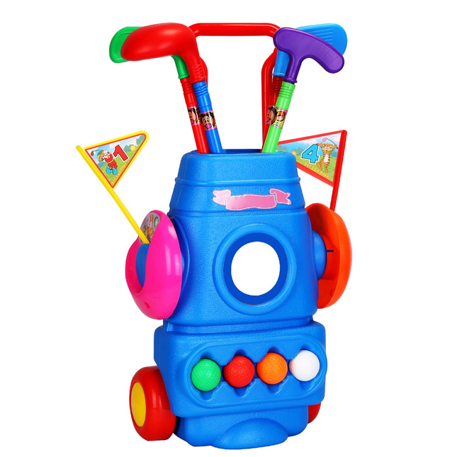 Kids Golf Club Set with Wheeled Golf Cart – Indoor & Outdoor Toddler Golf Game – Includes 4 Clubs, 4 Balls, 2 Holes & Flags – Sports Toy for Kids Ages 3-5