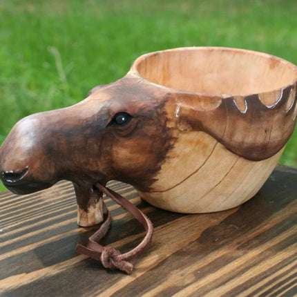 Hand-Carved Scandinavian Kuksa Wooden Mug – Traditional Guksi Camping Cup – Authentic Nordic Wood Coffee Mug with Animal Carvings