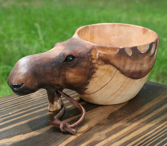 Hand-Carved Scandinavian Kuksa Wooden Mug – Traditional Guksi Camping Cup – Authentic Nordic Wood Coffee Mug with Animal Carvings