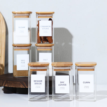 Minimalist 24-Pcs Spice Organizer Set – High-Quality Glass Jars with Natural Bamboo Lids & Collapsible Funnel