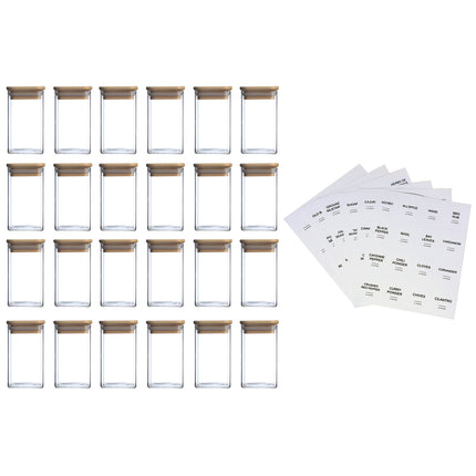 Minimalist 24-Pcs Spice Organizer Set – High-Quality Glass Jars with Natural Bamboo Lids & Collapsible Funnel