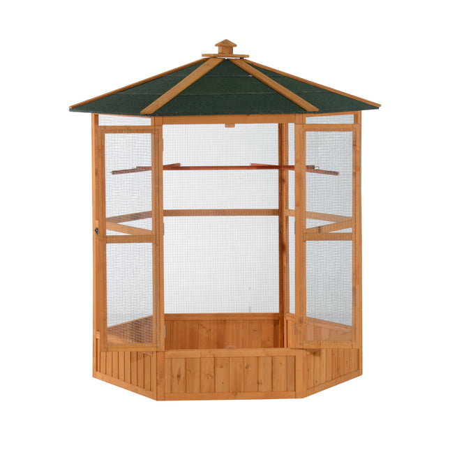69" Wooden Hexagonal Outdoor Aviary – Deluxe Flight Bird Cage with Weather-Resistant Covered Roof – Large Outdoor Bird House in Classic Brown