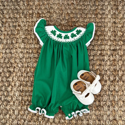 Baby Girl St. Patrick’s Day Smocked Romper – Four-Leaf Clover Embroidery Playsuit – Ruffle Trim Summer One-Piece