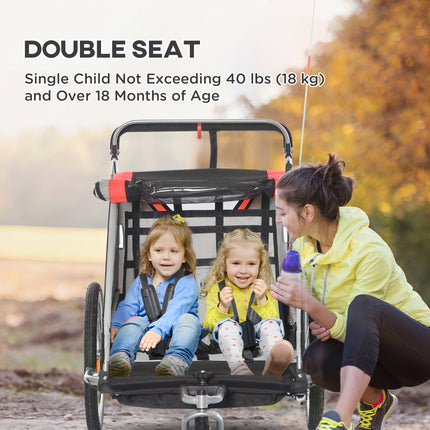 2-in-1 Double Baby Bike Trailer & Stroller – High-Visibility 2-Seater Child Wagon – Weather-Resistant Bicycle Trailer for Toddlers – Red