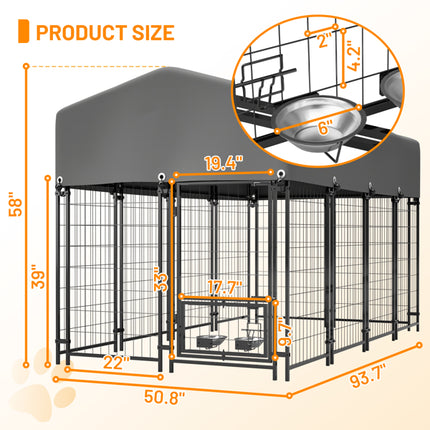 Heavy Duty Outdoor Dog Kennel with Rotating Feeder – 7.8ft Welded Wire Enclosure with UV-Resistant Waterproof Roof – Secure Double-Lock Pet House