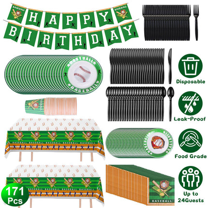 171-Piece Baseball Party Supplies Kit – All-in-One Birthday Disposable Dinnerware Set – Includes Plates, Cups, Cutlery, Napkins & Tablecloth – Sports Theme Party Decorations