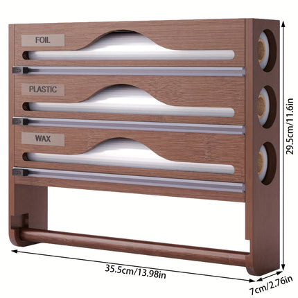 3-in-1 Sustainable Bamboo Cling Film & Foil Dispenser – Wall-Mounted Organizer with Paper Towel Holder