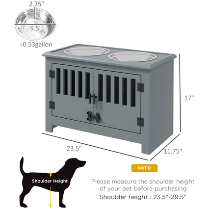 Modern Gray Dog Feeding Station with Food Storage – Wooden Pet Feeder Cabinet with 2 Stainless Steel Bowls – Space-Saving Hidden Pet Station