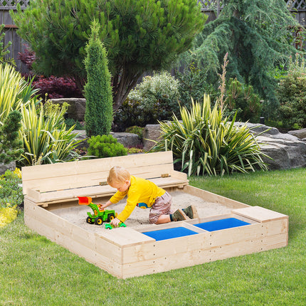 Kids Wooden Sandbox with 2 Storage Boxes – Foldable Bench Seats & Waterproof Cover – Outdoor Sandpit with Bottom Liner – Premium Backyard Playset