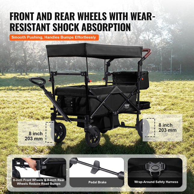 2-Seater Premium Wagon Stroller – Push/Pull Multi-Function Child Wagon – Collapsible Double Stroller with Adjustable Handle & Canopy – Black