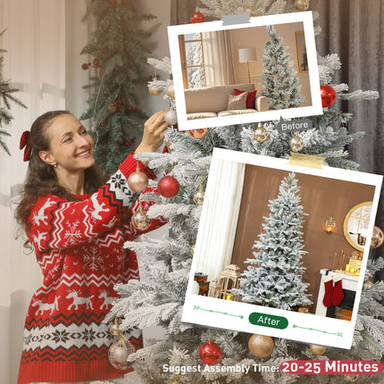 7.5-Foot Frosted Artificial Spruce Christmas Tree – Realistic Flocked Hinged Branches for Festive Holiday Home Decor
