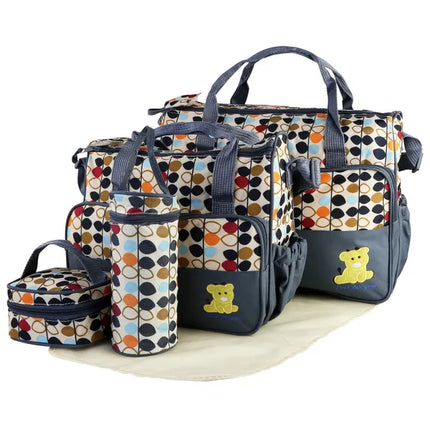 5pcs Baby Diaper Bag Set – Multi-Functional Mummy Travel Tote – Large Capacity Shoulder Bag with Changing Pad & Insulated Bottle Bag
