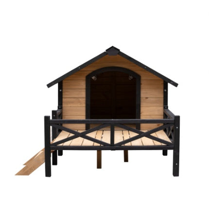 Luxury Cabin-Style Wooden Dog House with Front Porch – Large Outdoor Pet Kennel with Raised Floor & Weatherproof Roof – Rustic Garden Sanctuary