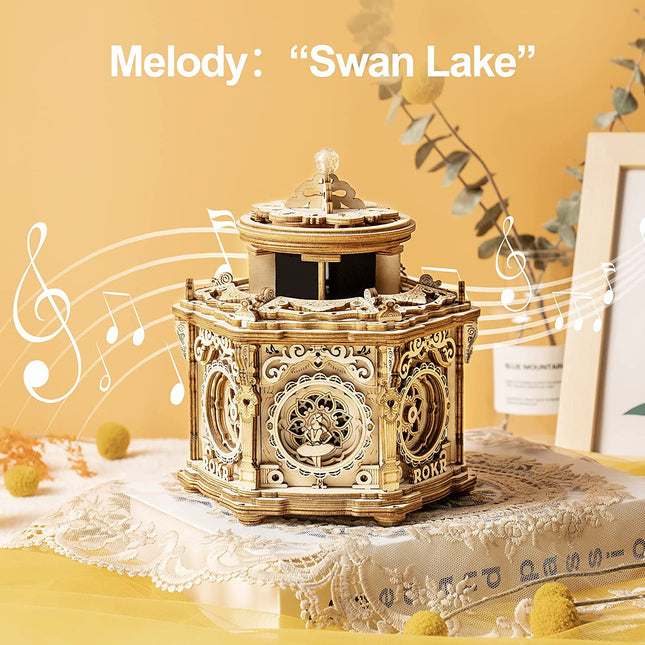 Robotime ROKR Secret Garden Mechanical Music Box – 3D Wooden Puzzle for Adults – Rotating DIY Musical Jewelry Box Model Kit