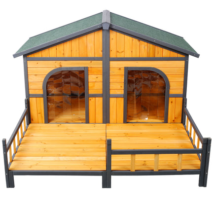 XL Double Wooden Dog House with Front Porch – Large Outdoor Pet Kennel with Elevated Floor – Weatherproof Twin-Room Dog Villa (Natural Wood)