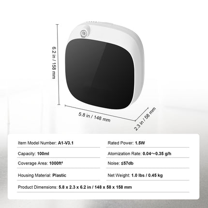 VEVOR Waterless Scent Air Machine – Cold Air Diffusion Technology – Smart Essential Oil Diffuser with USB/Battery Power for Home, Spa & Office