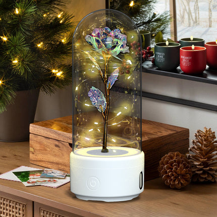 Eternal Rose in Glass Dome with Bluetooth Speaker – Romantic LED Luminous Flower Night Light – Perfect Valentine's Day & Anniversary Gift for Her
