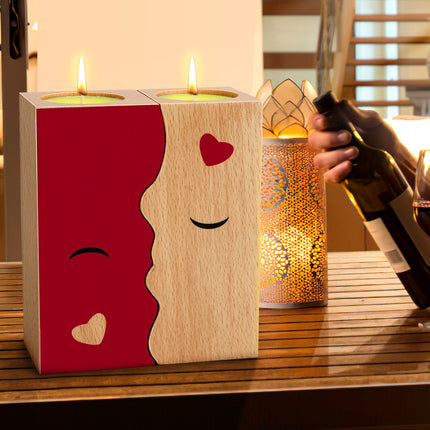 Kissing Couple Wooden Candle Holder Set – 2Pcs Romantic Anniversary Gift for Her/Him – Interlocking Heart-Silhouette Tea Light Holder for Home Decor