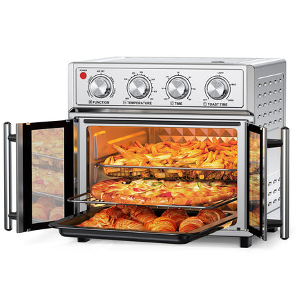 XXL 28L French Door Air Fryer Oven – Silver Stainless Steel Finish – 1700W High Power – Fits 12" Pizza & Whole Chicken