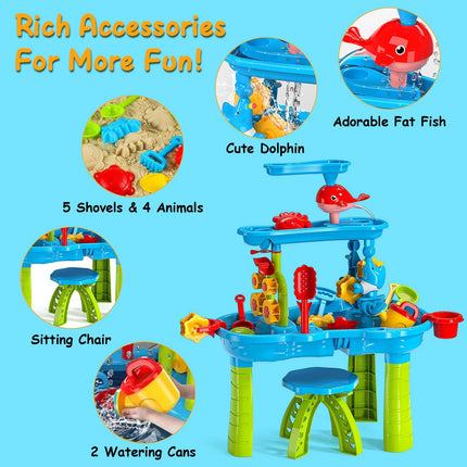 2-in-1 Kids Sand and Water Table – Rain Shower Splash Pond Activity Table – Sensory Play Station with Accessories for Toddlers – Outdoor Summer Toy for Boys & Girls 3-6