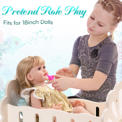 Robotime Wooden Baby Doll Crib – Rocking Cradle for 18-Inch Dolls – Includes Soft Bedding Set – Premium Doll Furniture for Pretend Play