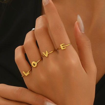 18K Gold Plated Initial Rings for Women – Adjustable Stainless Steel Letter A-Z Ring – Personalized Minimalist Jewelry – Waterproof & Tarnish-Free
