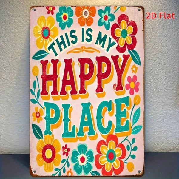 Colorful Floral Metal Welcome Sign – Vibrant Happy Place Iron Wall Decor for Entryways, Gardens & Cozy Living Spaces