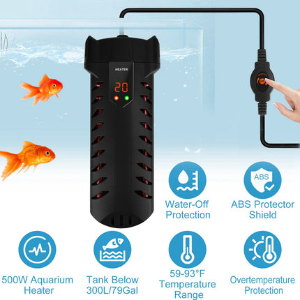500W Submersible Aquarium Heater with External LED Controller – Adjustable Temperature Thermostat – For Freshwater & Saltwater Fish Tanks up to 79 Gallons
