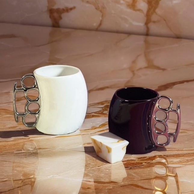 Novelty Brass Knuckle Coffee Mug – Ceramic Mug with Metallic Knuckle Handle – Unique Funny Gift for Christmas & Birthdays – 12oz Black/White Office Mug