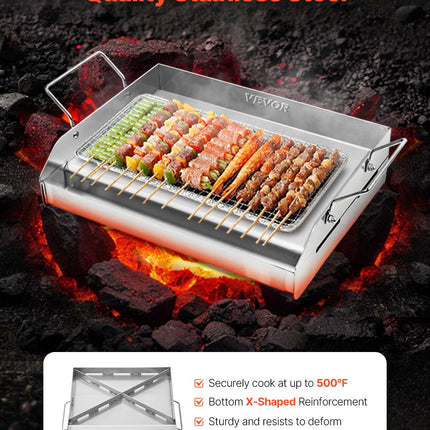 17x13" Stainless Steel Flat Top Griddle – Universal BBQ Grill Pan for Gas & Charcoal Grills – Built-in Grease Well