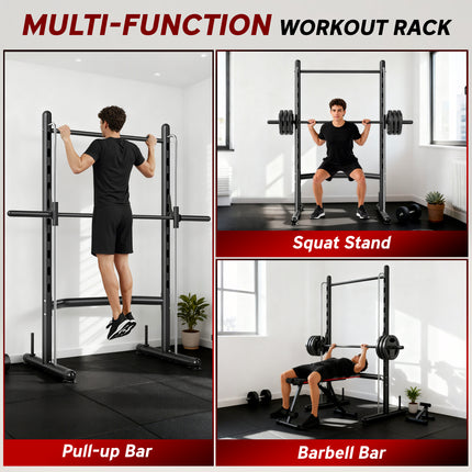 Multi-Function Half Squat Rack with Pull-Up Bar – Adjustable Bench Press Station & Barbell Holder – Heavy-Duty Strength Training Rack
