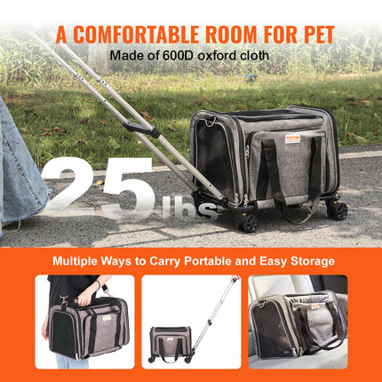 Airline Approved Rolling Pet Carrier with Wheels – Telescopic Handle & Shoulder Strap – Cat & Dog Travel Crate for Pets up to 25 lbs – Includes Folding Bowl (Grey)