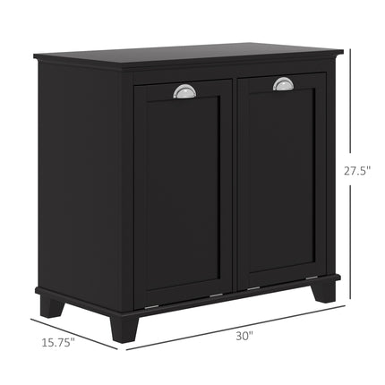 Double Tilt-Out Laundry Hamper Cabinet – 2-Compartment Wooden Laundry Organizer – Black Bathroom Storage Cabinet with Dual Removable Baskets