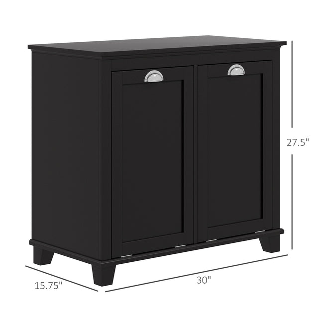 Double Tilt-Out Laundry Hamper Cabinet – 2-Compartment Wooden Laundry Organizer – Black Bathroom Storage Cabinet with Dual Removable Baskets