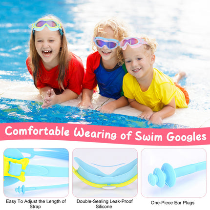 Kids & Youth Swim Goggles with Attached Earplugs – Anti-Fog & UV Protection – Wide View Leak-Proof Swimming Glasses for Boys & Girls Aged 3-16