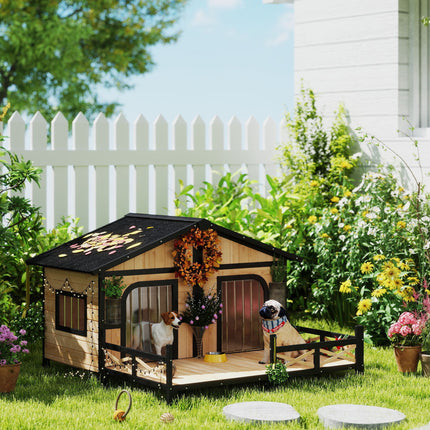 Luxury Natural Wood Double Dog House with Porch – Dual Room Outdoor Kennel with Openable Roof & Removable Floor – Weatherproof Pet Villa