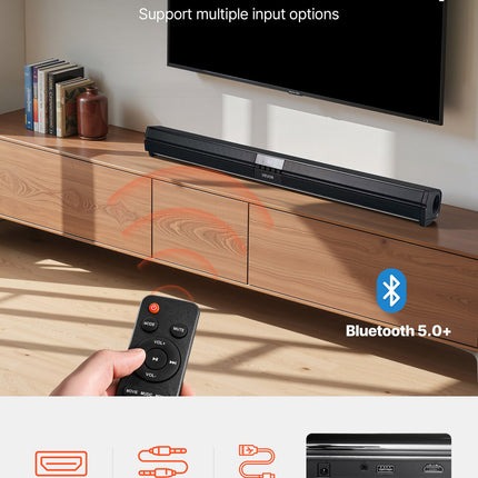 32-Inch 80W Sound Bar for Smart TV – 2.0 Channel Surround Sound System – Bluetooth 5.0, AUX & Optical Input – Large Home Theater Speaker with Remote Control