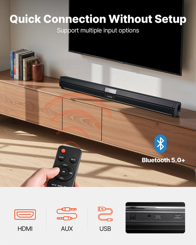 32-Inch 80W Sound Bar for Smart TV – 2.0 Channel Surround Sound System – Bluetooth 5.0, AUX & Optical Input – Large Home Theater Speaker with Remote Control