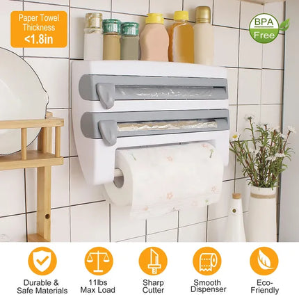 SmartCut™ Triple Roll Dispenser – Wall-Mounted Organizer for Cling Film, Foil, and Paper Towels