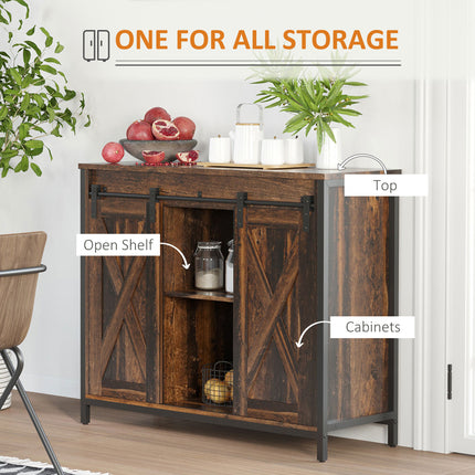 Industrial Sliding Barn Door Sideboard – Rustic Brown Buffet Cabinet with Adjustable Shelves for Kitchen, Dining & Living Room