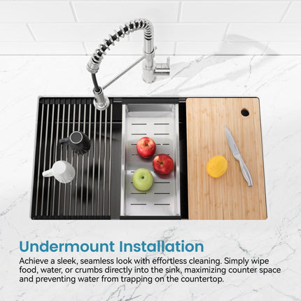 30-Inch Black Stainless Steel Workstation Sink – Handmade Undermount Single Bowl Kitchen Sink with Cutting Board & Colander