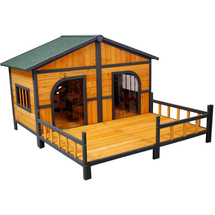 XL Double Wooden Dog House with Front Porch – Large Outdoor Pet Kennel with Elevated Floor – Weatherproof Twin-Room Dog Villa (Natural Wood)