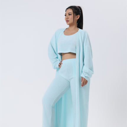 3-Piece Fluffy Lounge Set – Ultra-Soft Plush Knit Pajama Set – Cozy Crop Top, High Waist Pants & Long Cardigan Trio – Winter Warm Sleepwear