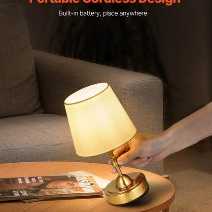 Cordless Gold Table Lamp with 5200mAh Rechargeable Battery – Small Desk Lamp with Fabric Shade – 3-Level Brightness for Restaurant & Bedroom