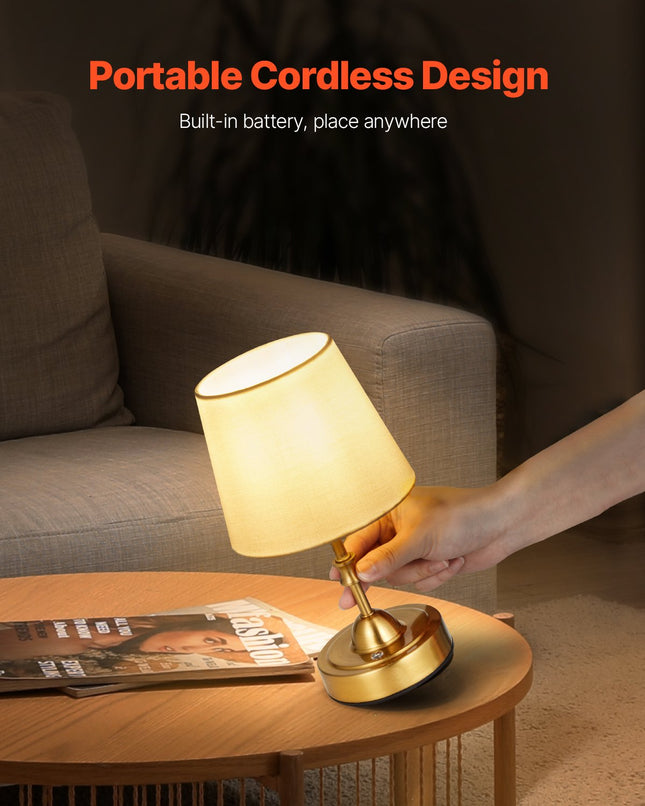 Cordless Gold Table Lamp with 5200mAh Rechargeable Battery – Small Desk Lamp with Fabric Shade – 3-Level Brightness for Restaurant & Bedroom